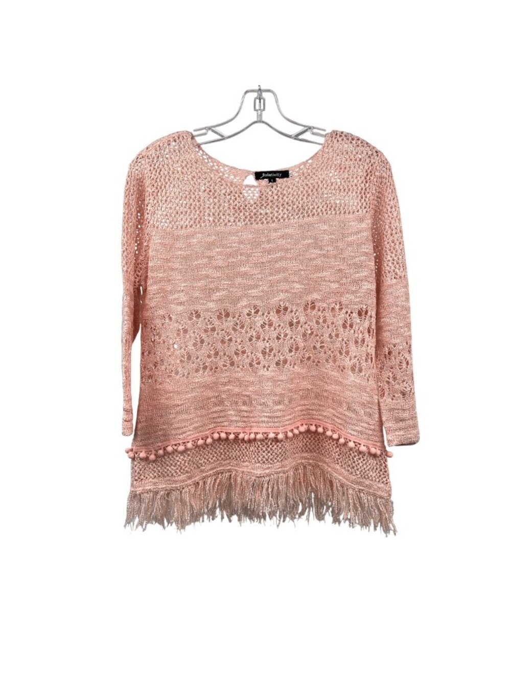 Relativity Womens Open Crochet Top Pink/Silver Glitter 3/4 Sleeve Fringe Small